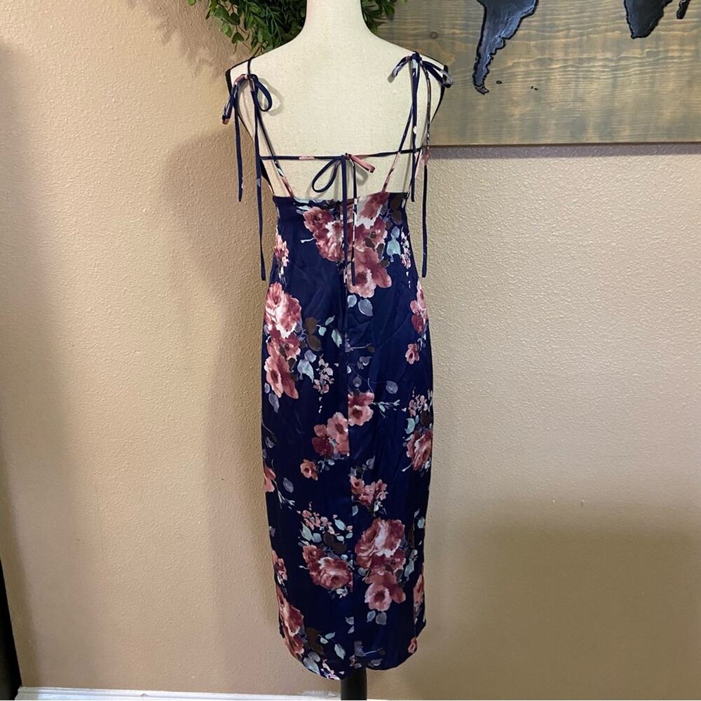 NWOT Lulus Fleur-ty Behavior Navy Blue Floral Satin Tie-Strap Midi Dress - Picture 5 of 11